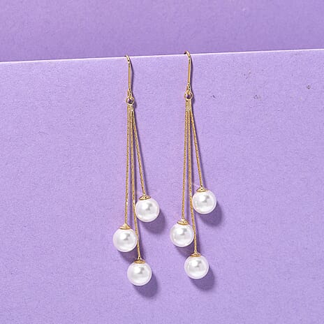 White Shell Pearl Dangling Earring with Pin Post in Yellow Gold Plated