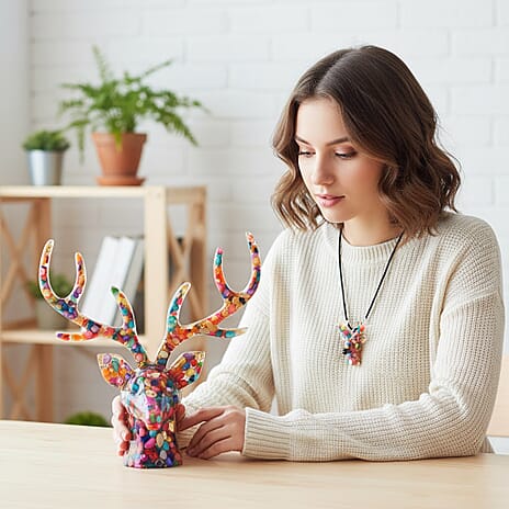 Set Of 2 - Multi Colour Pearls Mini Reindeer Necklace (Size 28 Adjustable) & Reindeer Figurine Decor