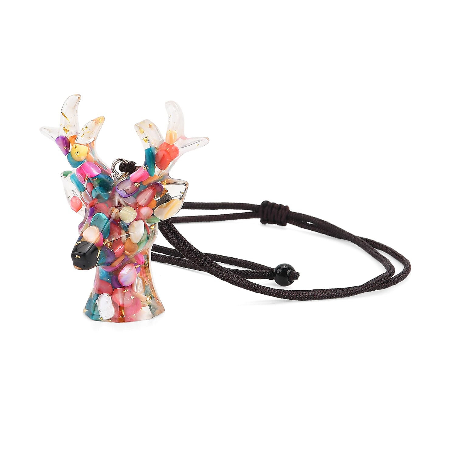 Set Of 2 - Multi Colour Pearls Mini Reindeer Necklace (Size 28 Adjustable) & Reindeer Figurine Decor