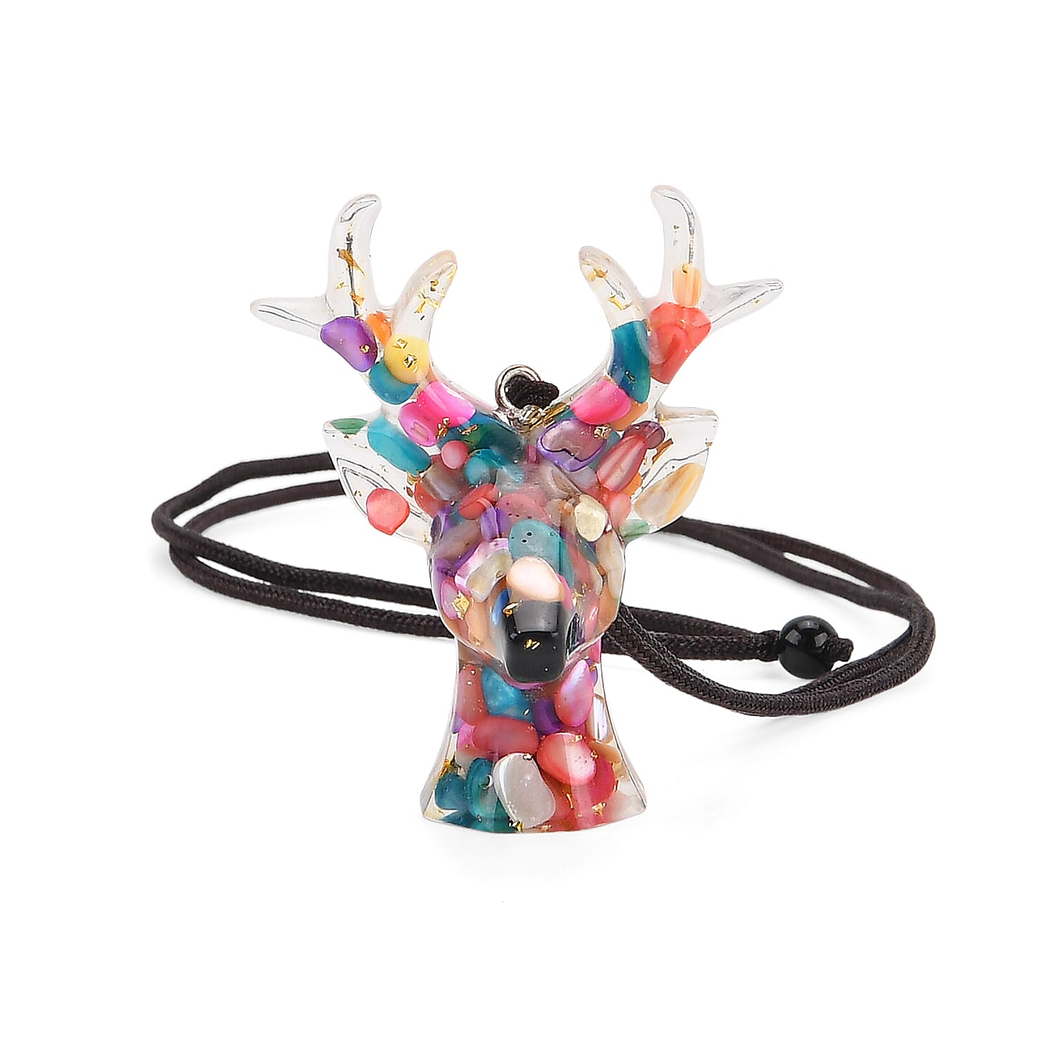 Set Of 2 - Multi Colour Pearls Mini Reindeer Necklace (Size 28 Adjustable) & Reindeer Figurine Decor