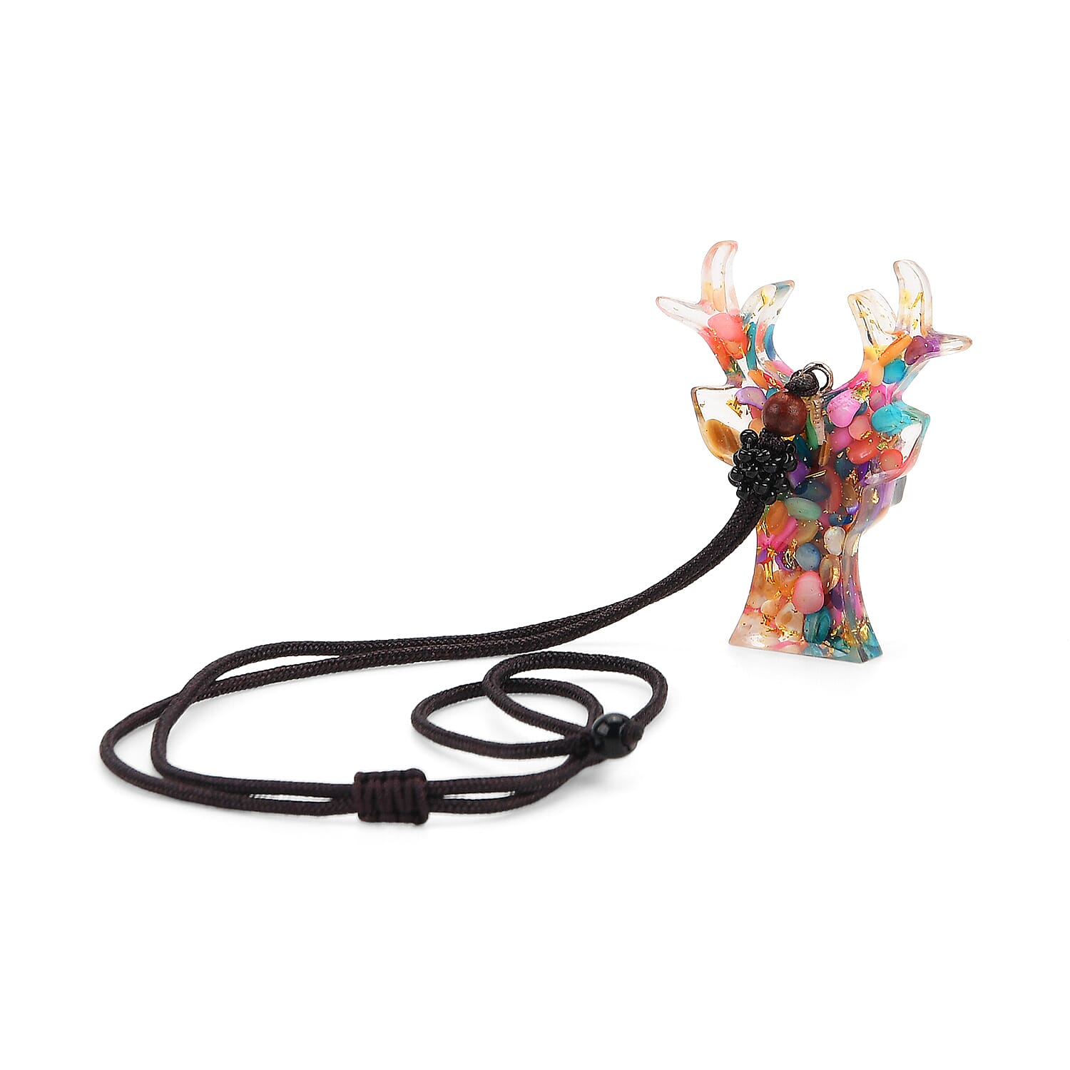Set Of 2 - Multi Colour Pearls Mini Reindeer Necklace (Size 28 Adjustable) & Reindeer Figurine Decor