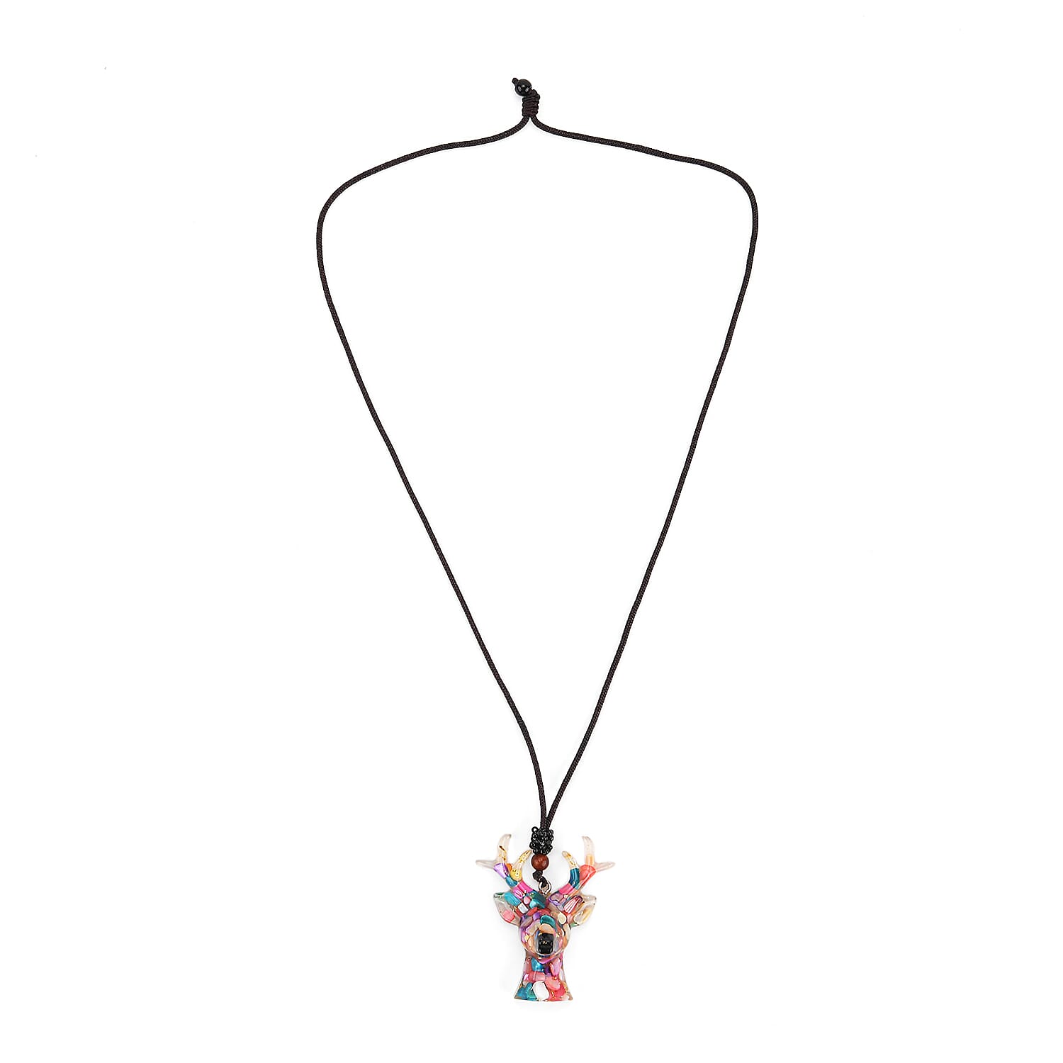 Set Of 2 - Multi Colour Pearls Mini Reindeer Necklace (Size 28 Adjustable) & Reindeer Figurine Decor