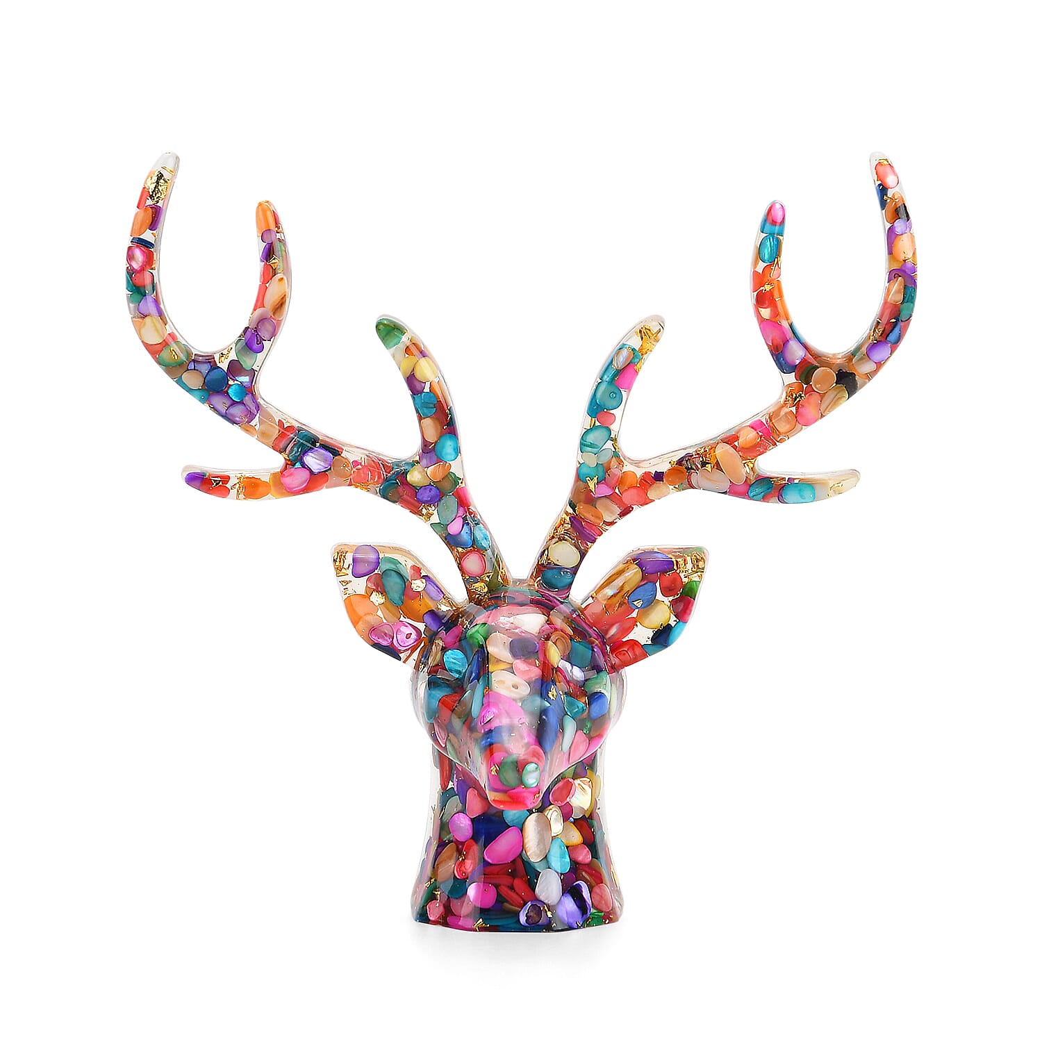 Set Of 2 - Multi Colour Pearls Mini Reindeer Necklace (Size 28 Adjustable) & Reindeer Figurine Decor