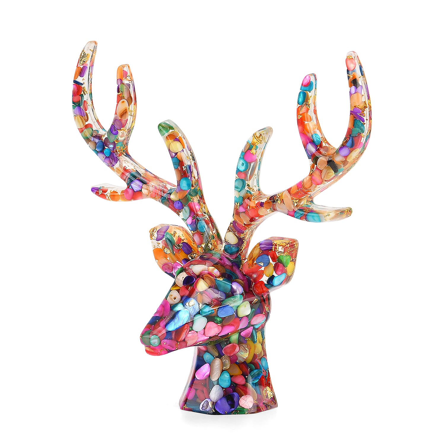 Set Of 2 - Multi Colour Pearls Mini Reindeer Necklace (Size 28 Adjustable) & Reindeer Figurine Decor