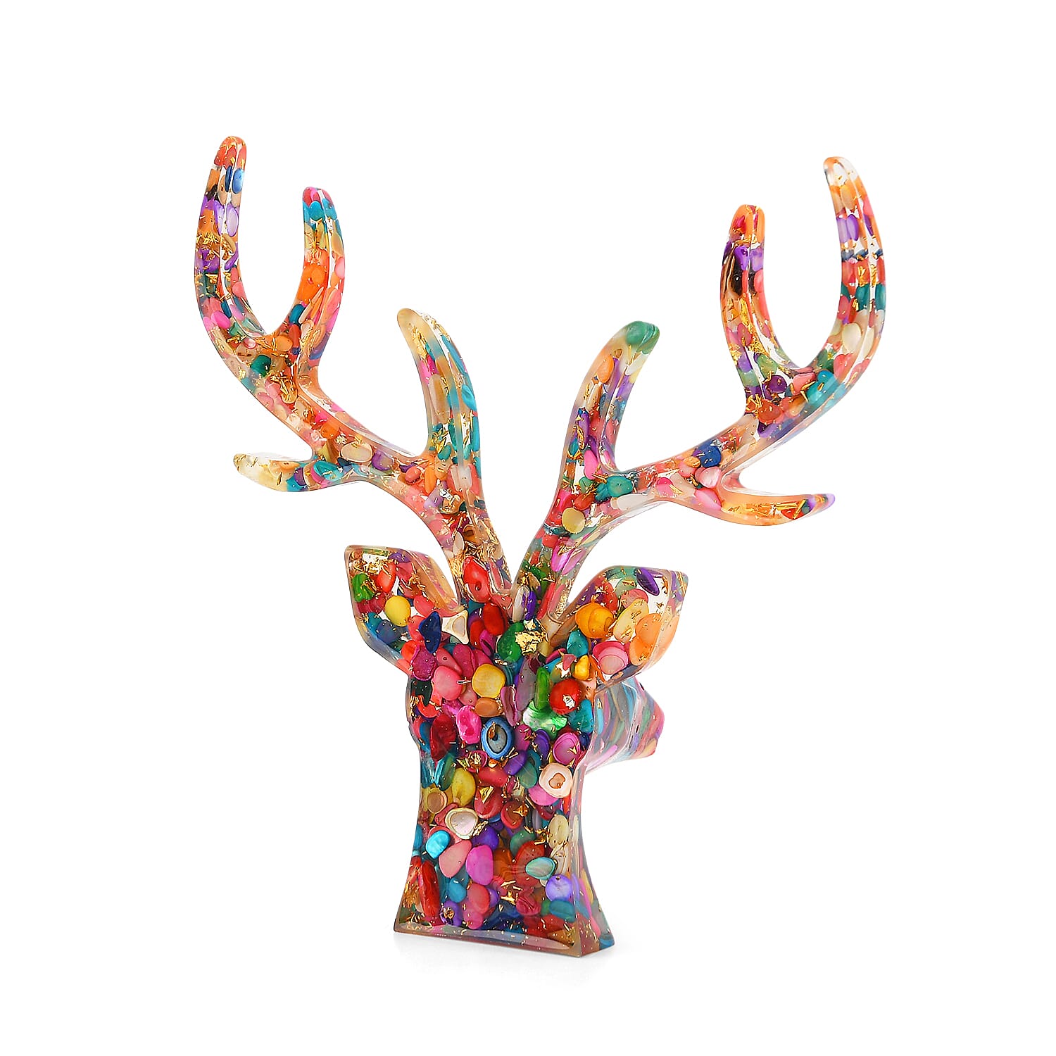 Set Of 2 - Multi Colour Pearls Mini Reindeer Necklace (Size 28 Adjustable) & Reindeer Figurine Decor