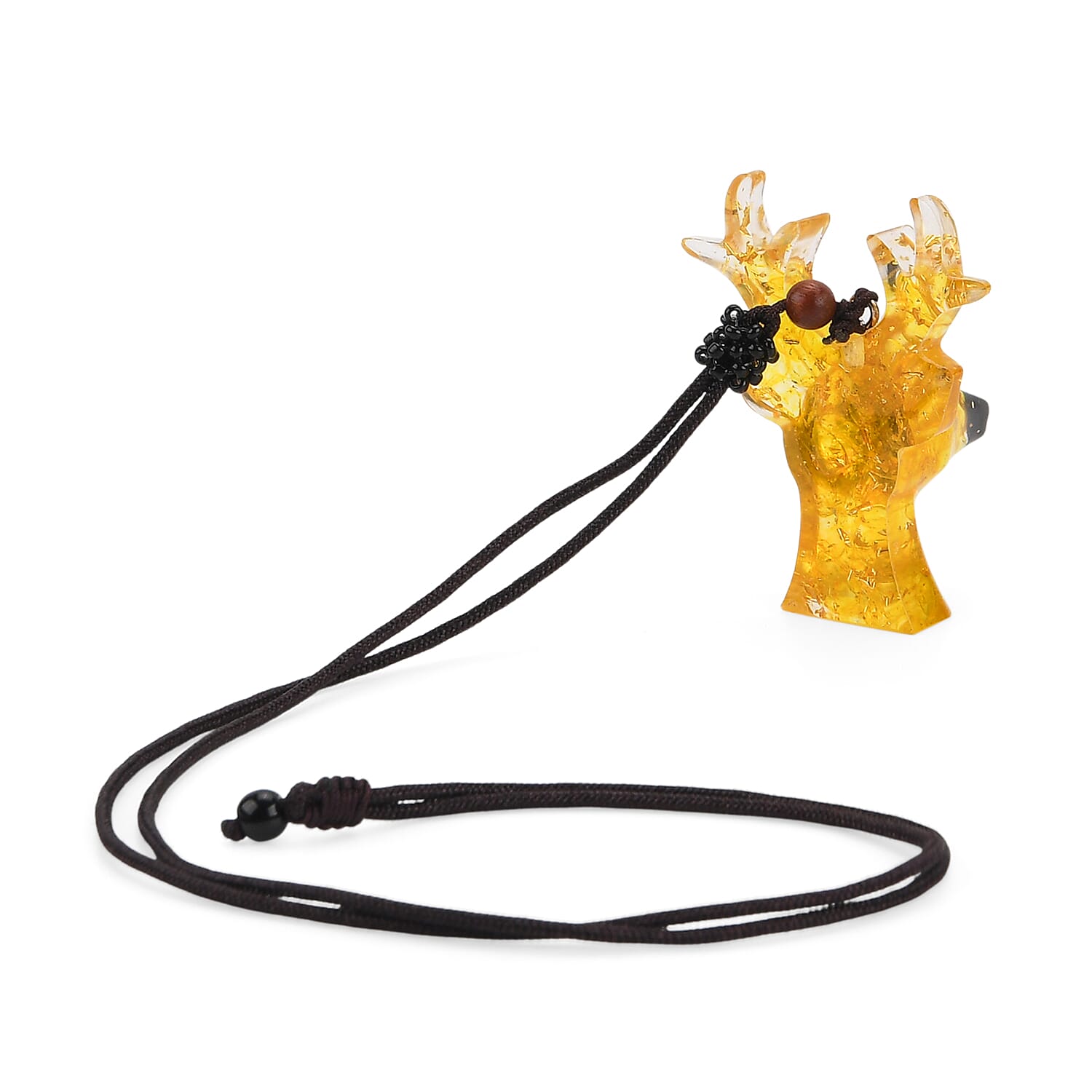 Set of 2 Citrine Resin Reindeer Christmas Decor & Amber Deer Head Necklace (Size 28 Adjustable) - Yellow