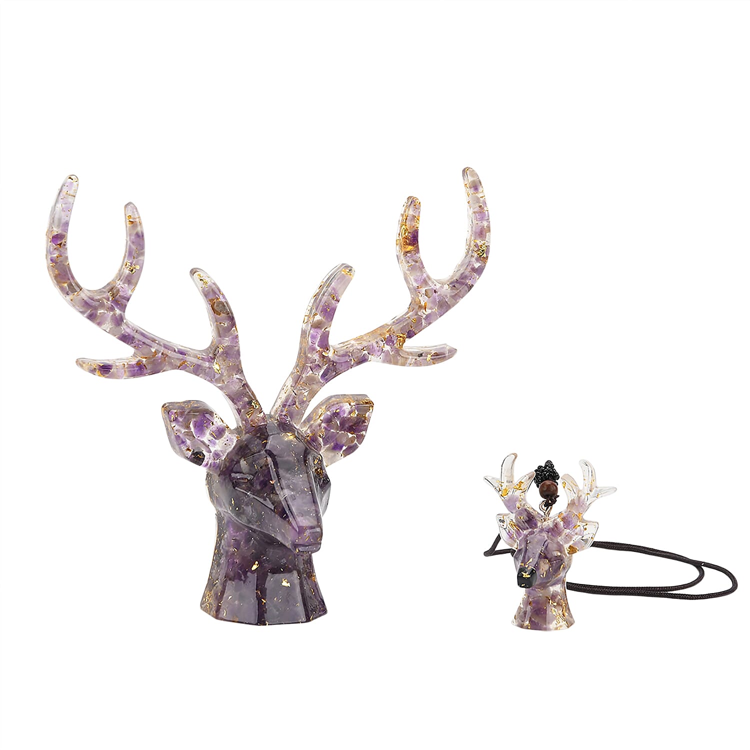 Set Of 2 - Amethyst Reindeer Christmas Decor & Amber Deer Head Necklace (Size 28 Adjustable) - Purple