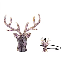 Set Of 2 - Amethyst, Resin Reindeer Christmas Decor & Amethyst Mini Reindeer Necklace (Size 28 Adjustable)