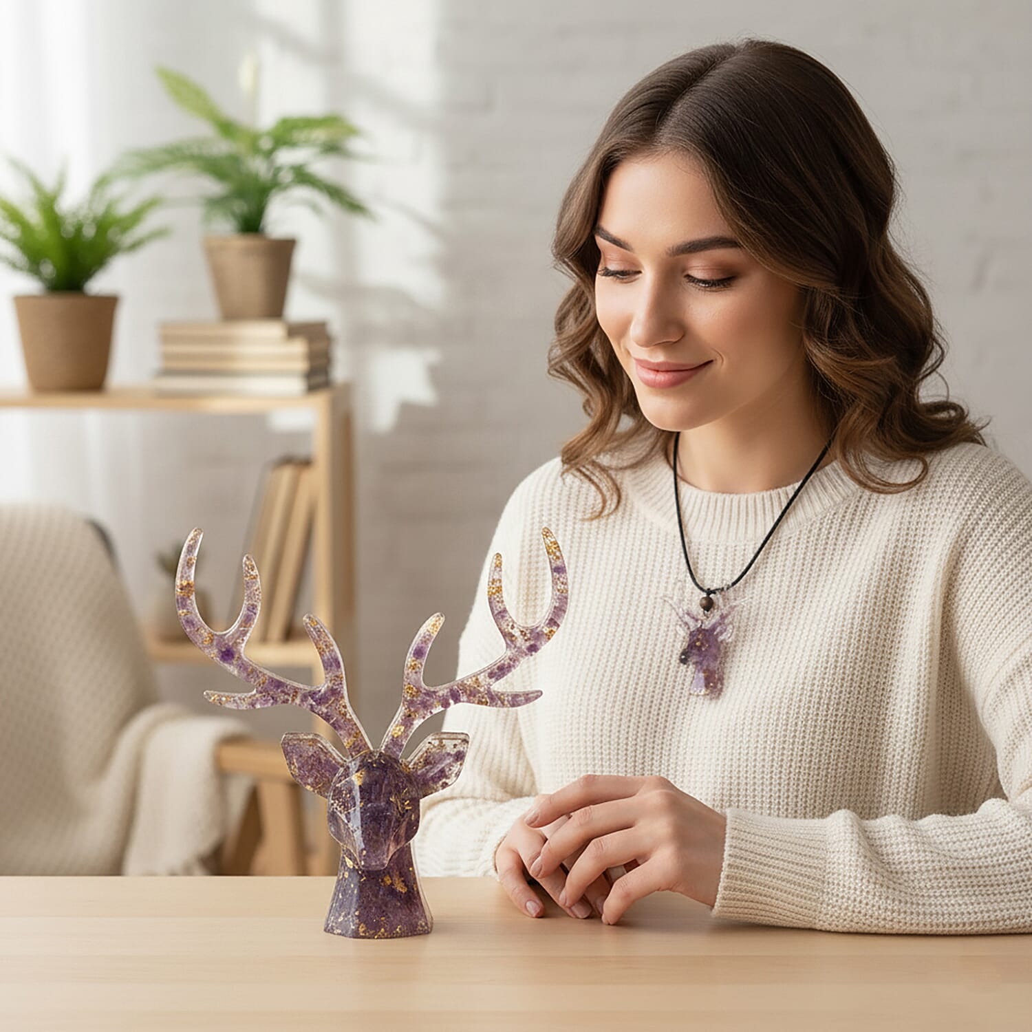 Set Of 2 - Amethyst Reindeer Christmas Decor & Amber Deer Head Necklace (Size 28 Adjustable) - Purple