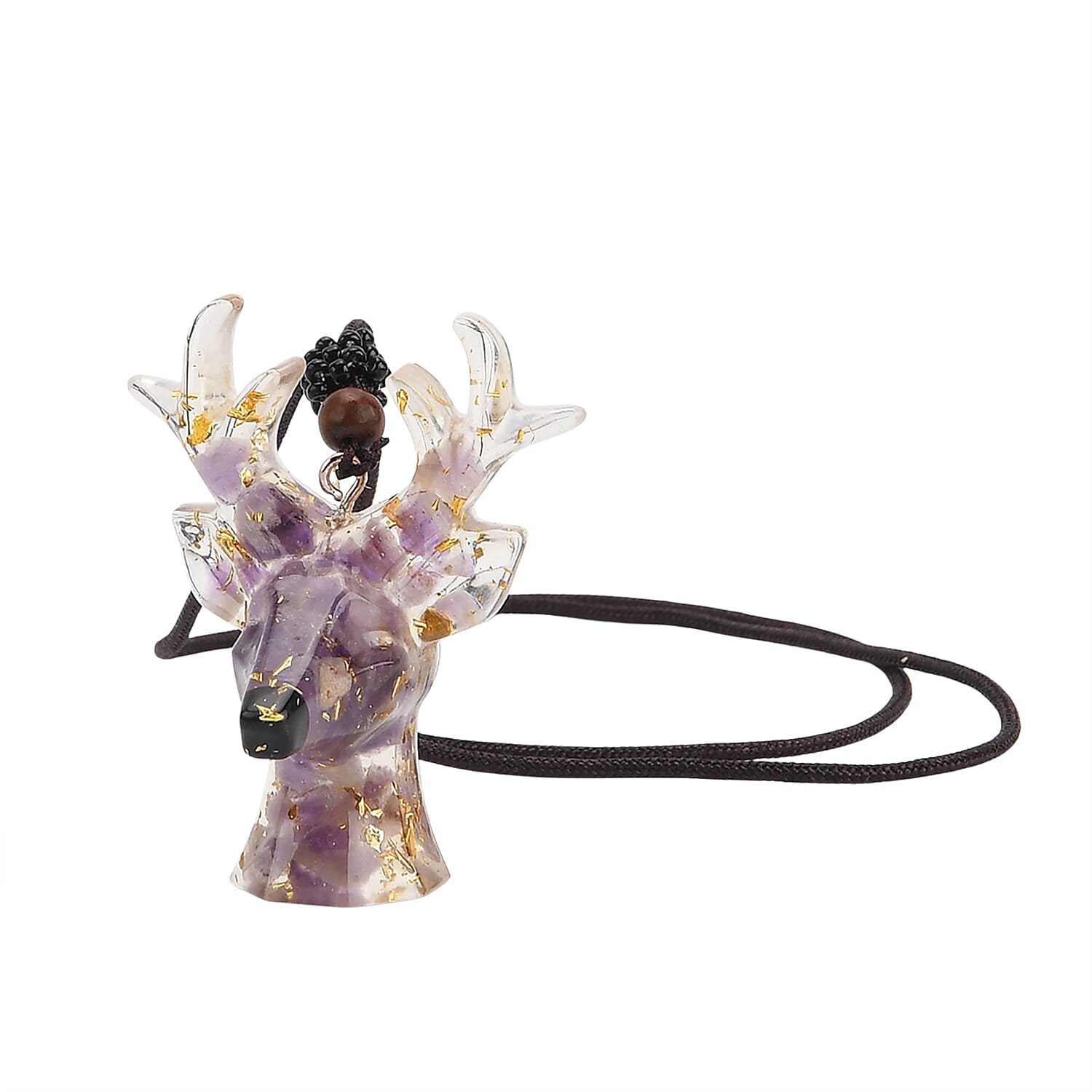 Set Of 2 - Amethyst Reindeer Christmas Decor & Amber Deer Head Necklace (Size 28 Adjustable) - Purple