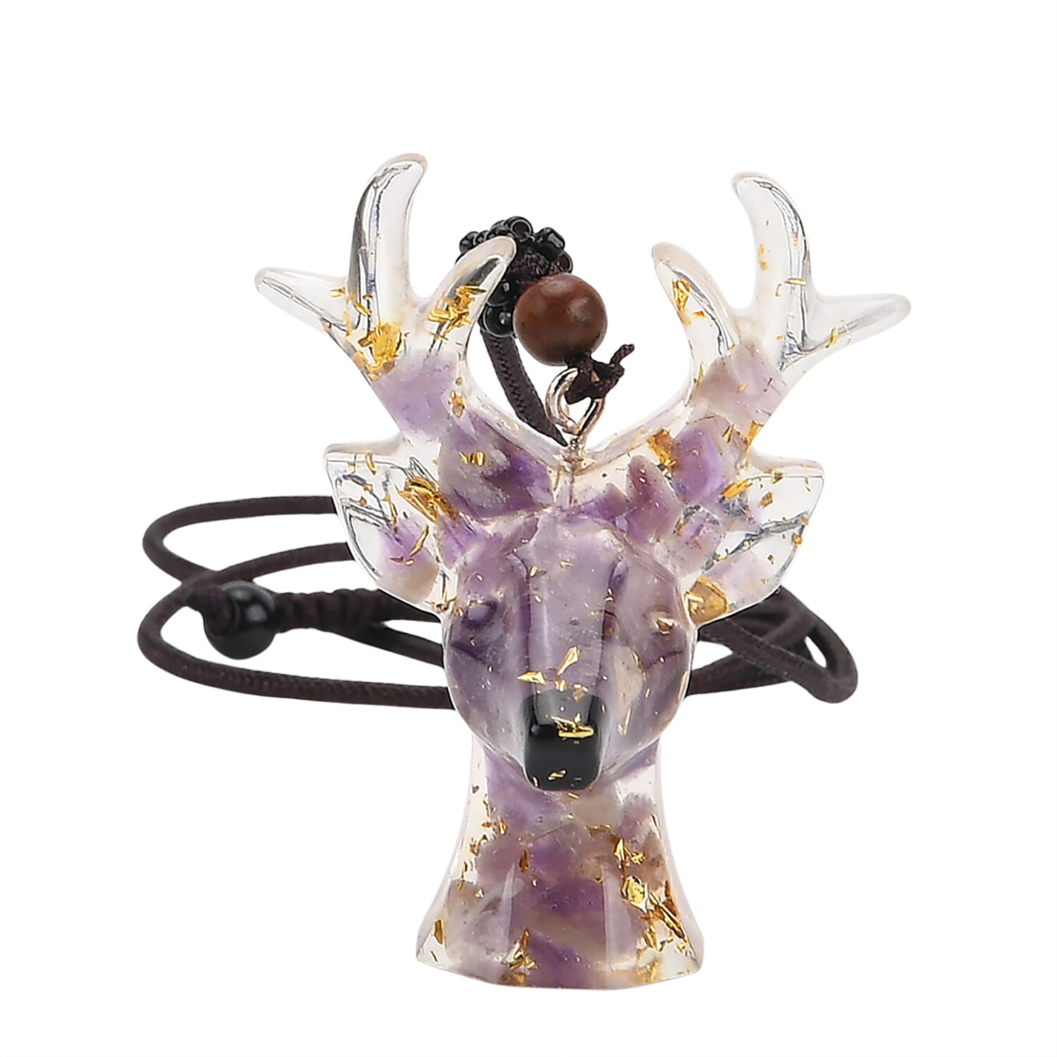 Set Of 2 - Amethyst Reindeer Christmas Decor & Amber Deer Head Necklace (Size 28 Adjustable) - Purple