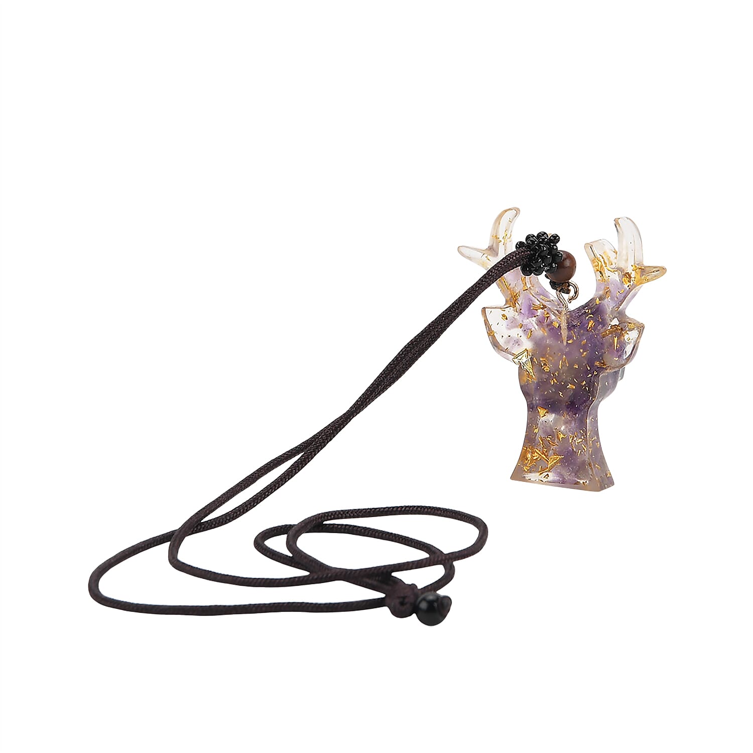 Set Of 2 - Amethyst Reindeer Christmas Decor & Amber Deer Head Necklace (Size 28 Adjustable) - Purple