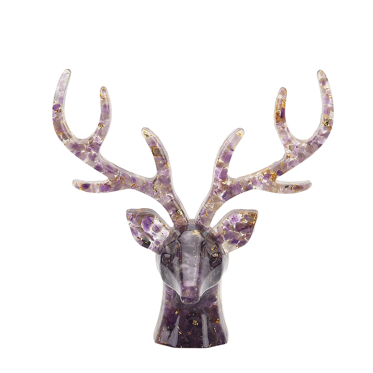 Set Of 2 - Amethyst Reindeer Christmas Decor & Amber Deer Head Necklace (Size 28 Adjustable) - Purple