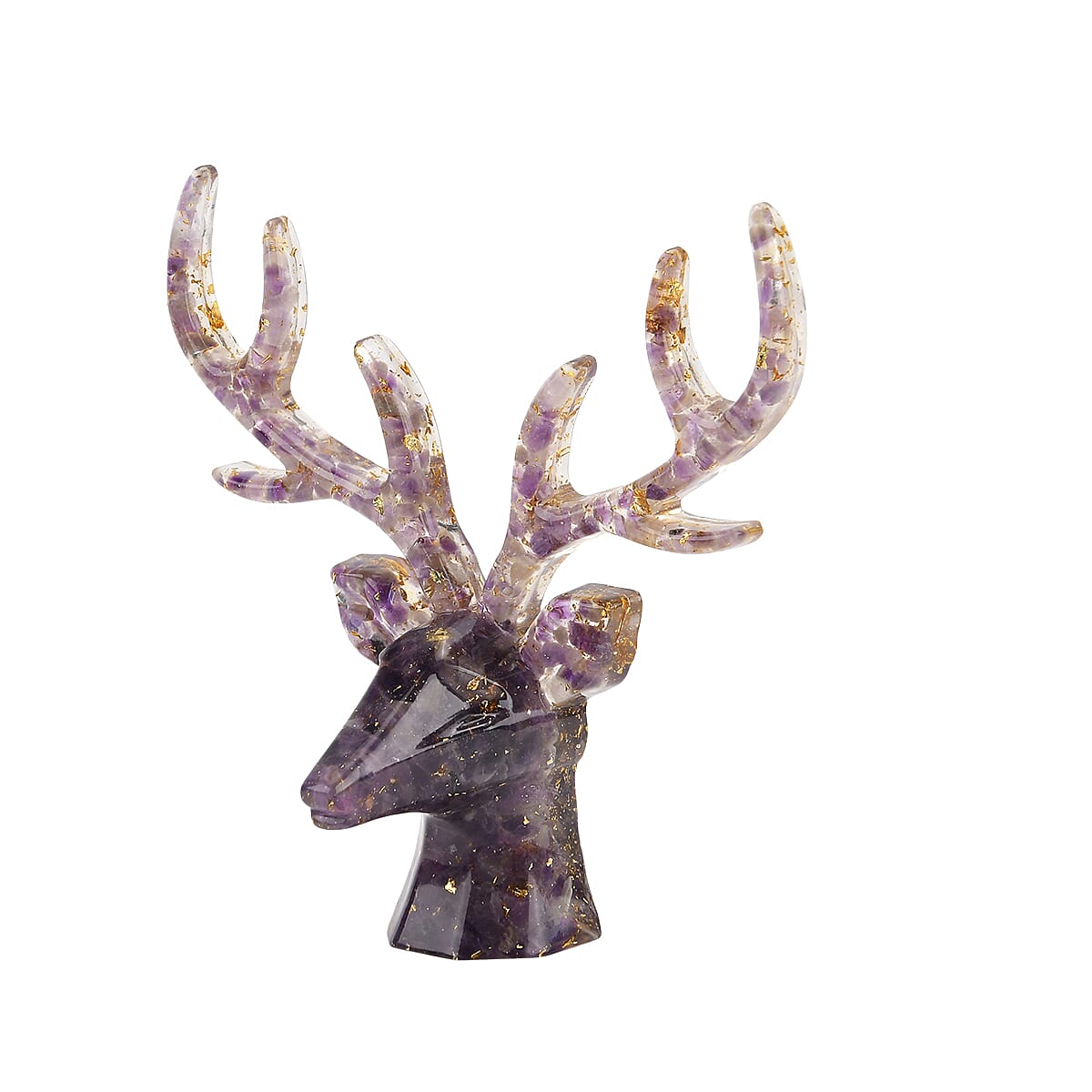 Set Of 2 - Amethyst Reindeer Christmas Decor & Amber Deer Head Necklace (Size 28 Adjustable) - Purple