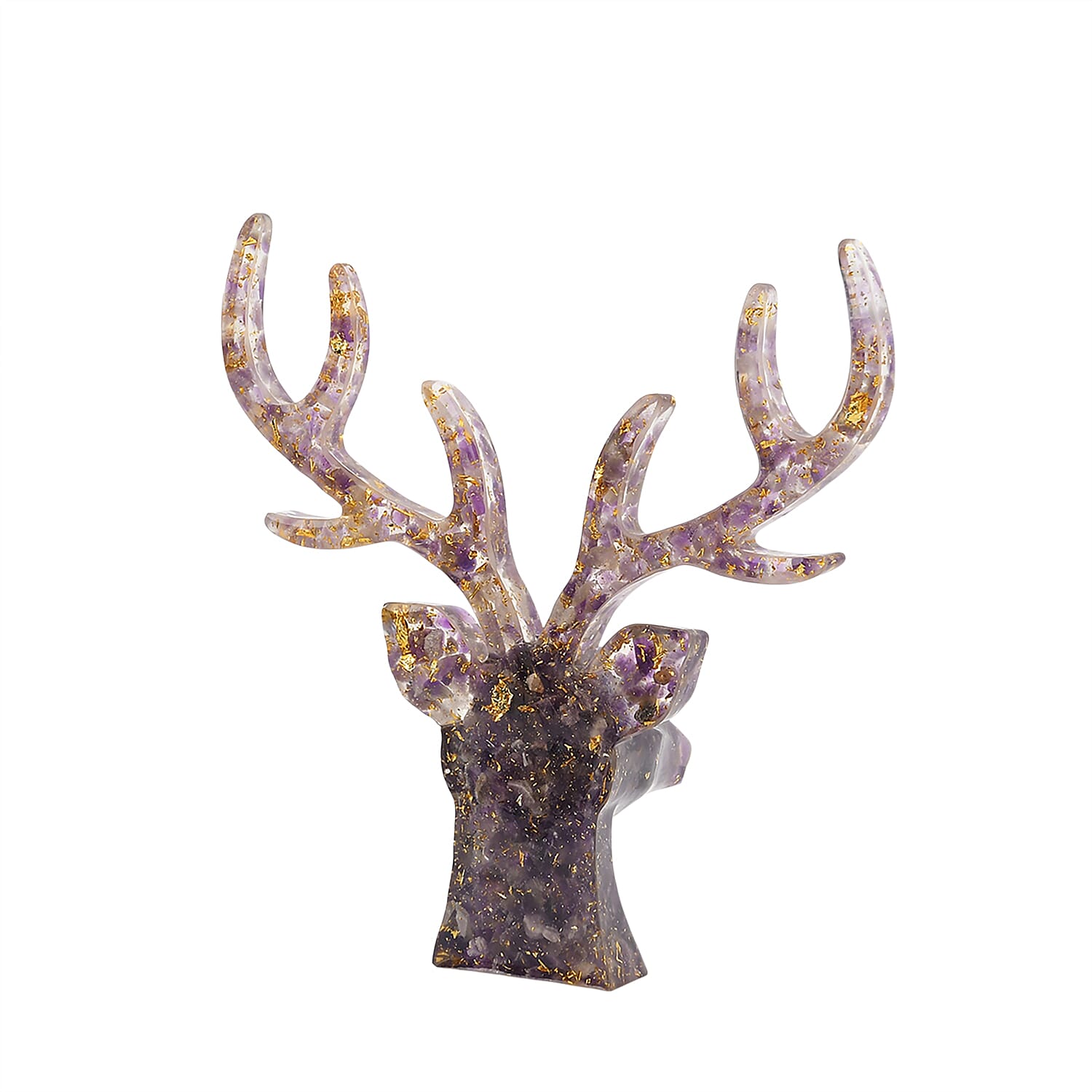 Set Of 2 - Amethyst Reindeer Christmas Decor & Amber Deer Head Necklace (Size 28 Adjustable) - Purple