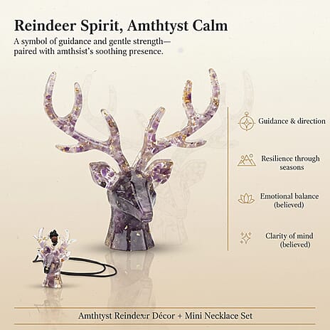 Set Of 2 - Amethyst Reindeer Christmas Decor & Amber Deer Head Necklace (Size 28 Adjustable) - Purple