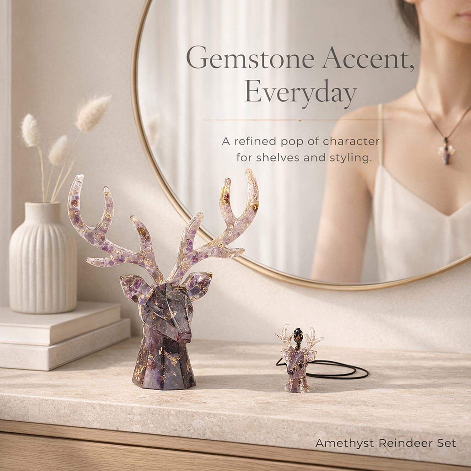 Set Of 2 - Amethyst Reindeer Christmas Decor & Amber Deer Head Necklace (Size 28 Adjustable) - Purple