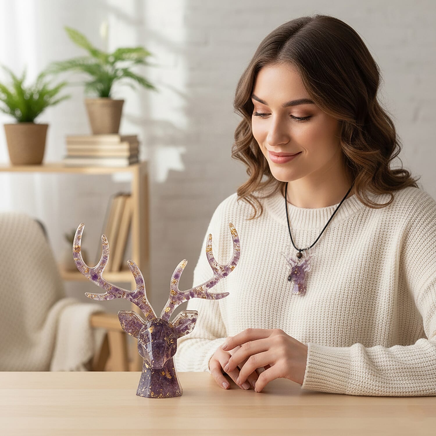 Set Of 2 - Amethyst Reindeer Christmas Decor & Amber Deer Head Necklace (Size 28 Adjustable) - Purple