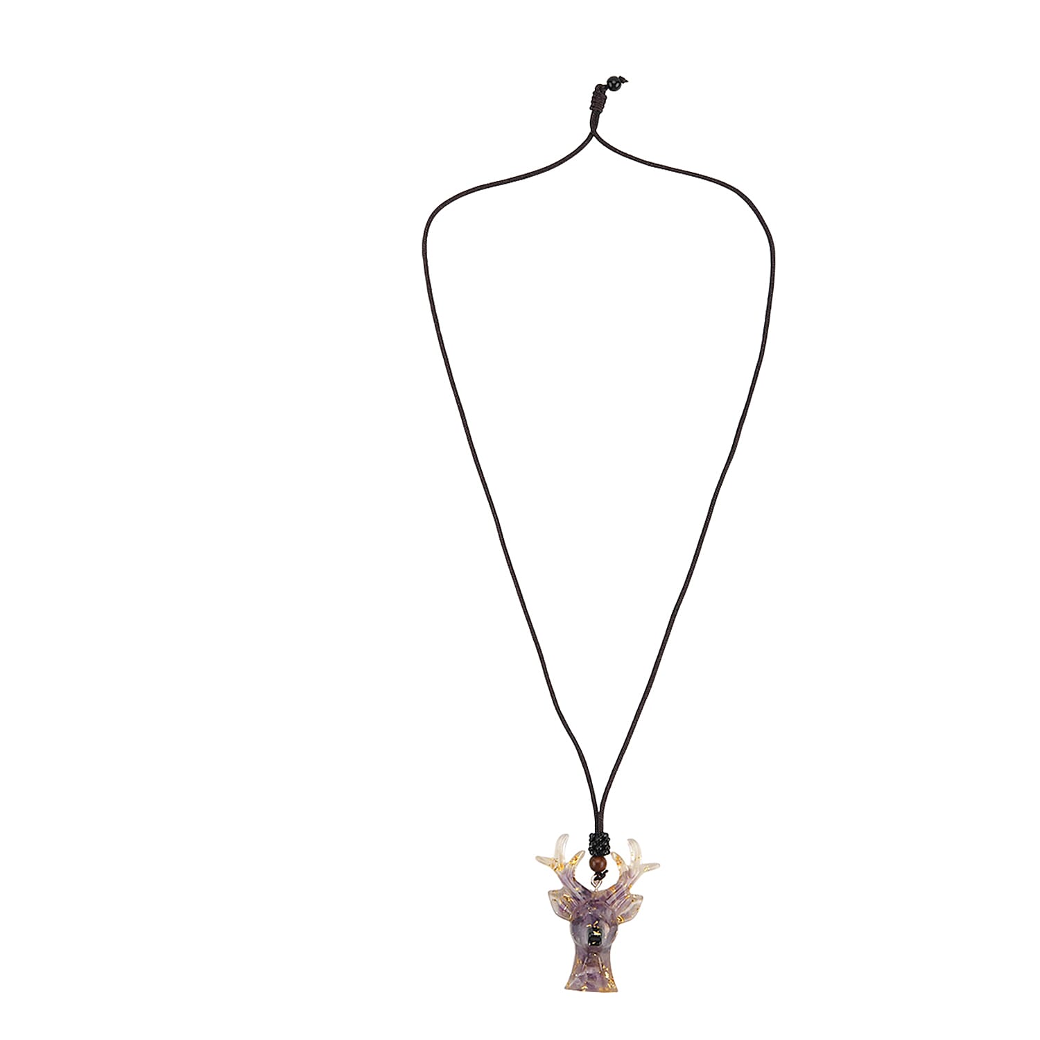Set Of 2 - Amethyst Reindeer Christmas Decor & Amber Deer Head Necklace (Size 28 Adjustable) - Purple