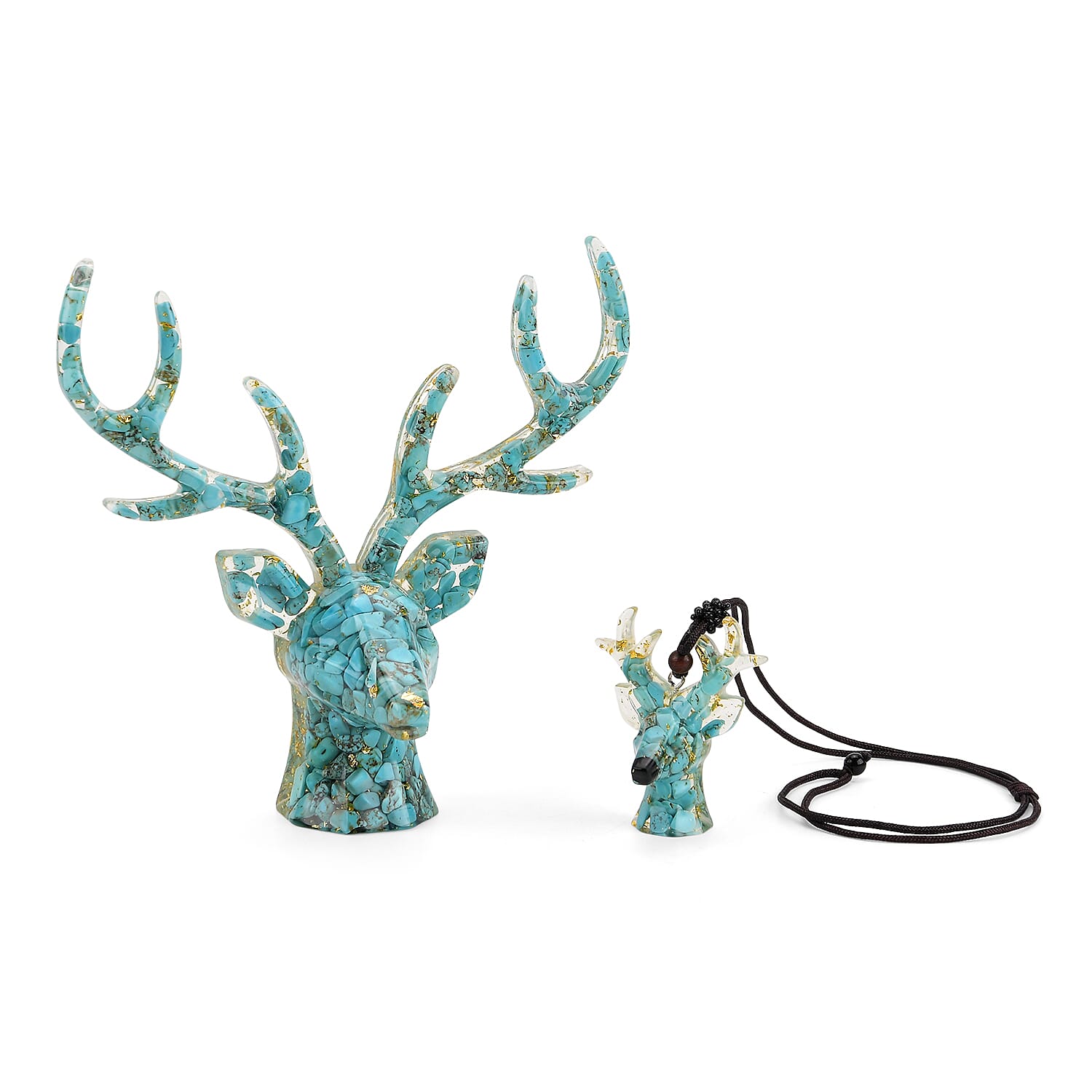 Set Of 2 - Turquoise Reindeer Christmas Decor & Amber Deer Head Necklace (Size 28 Adjustable) - Light Blue
