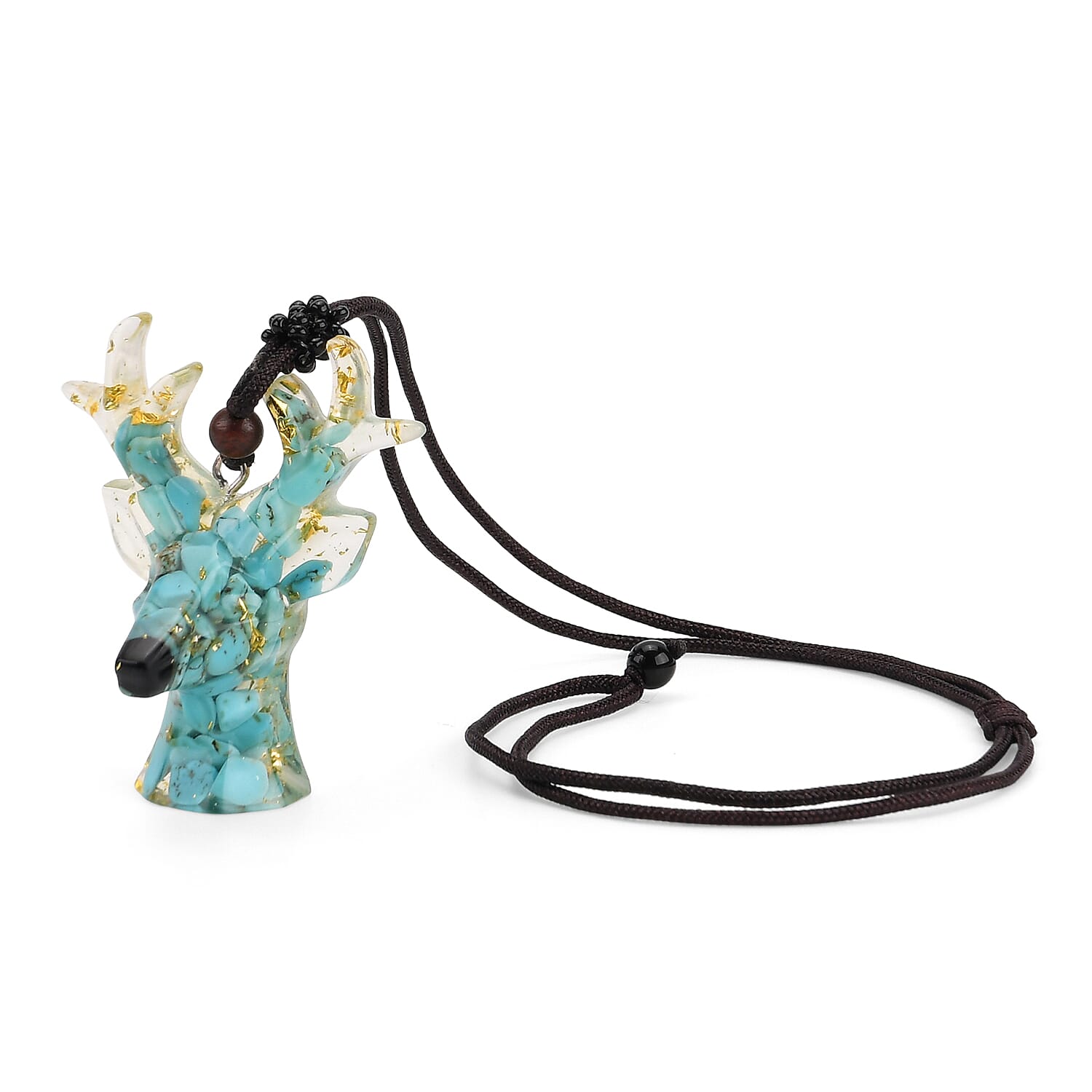 Set Of 2 - Turquoise Reindeer Christmas Decor & Amber Deer Head Necklace (Size 28 Adjustable) - Light Blue