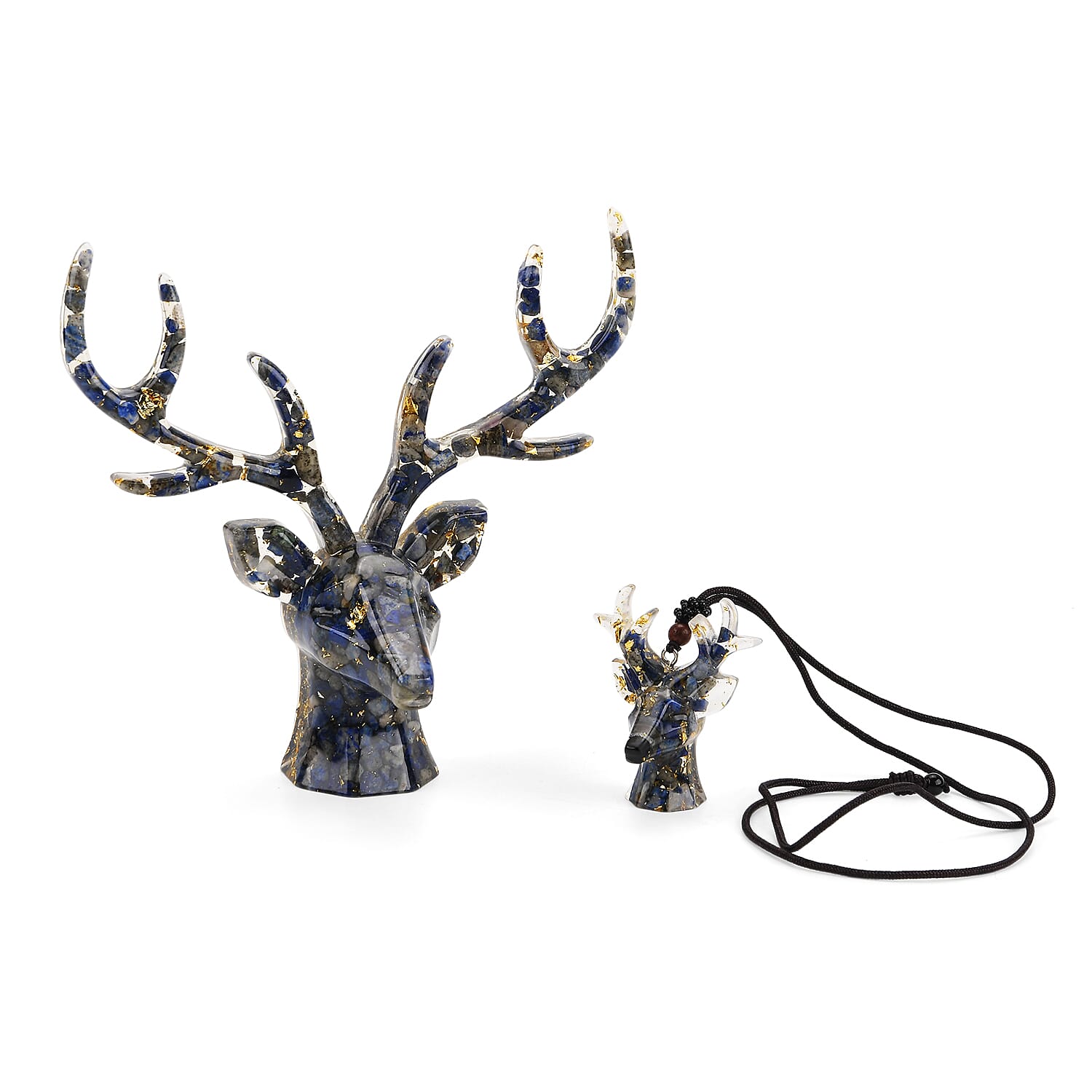 Set Of 2 - Lapis Lazuli Crystals & Resin Reindeer Christmas Decor & Amber Deer Head Necklace (Size 28 Adjustable) - Blue