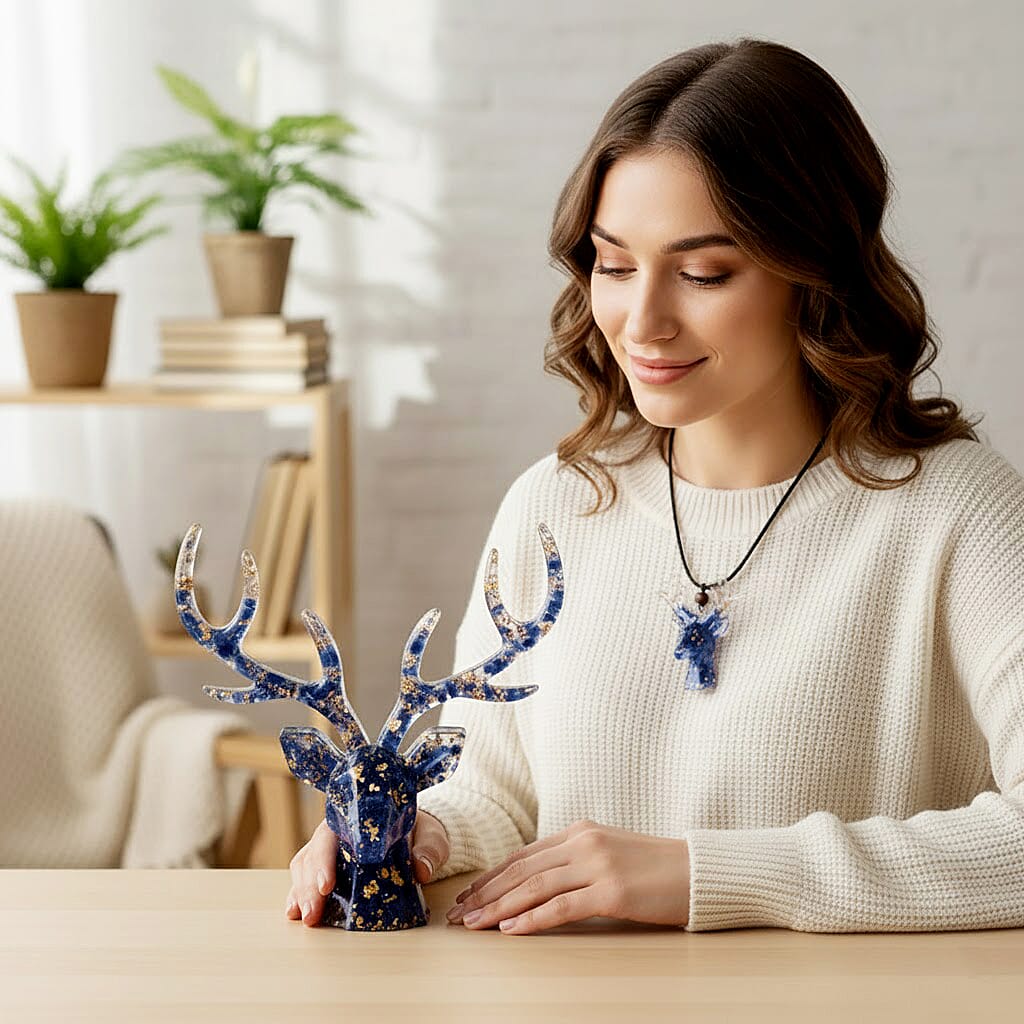 Set Of 2 - Lapis Lazuli Crystals & Resin Reindeer Christmas Decor & Amber Deer Head Necklace (Size 28 Adjustable) - Blue