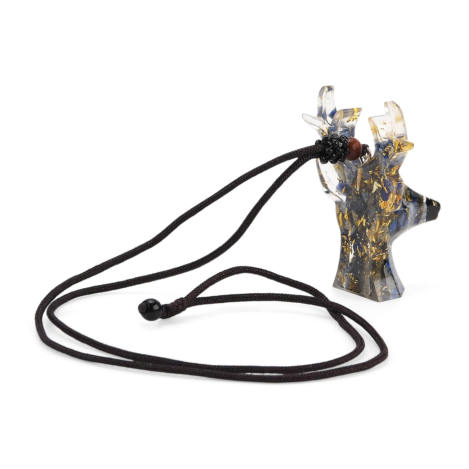 Set Of 2 - Lapis Lazuli Crystals & Resin Reindeer Christmas Decor & Amber Deer Head Necklace (Size 28 Adjustable) - Blue