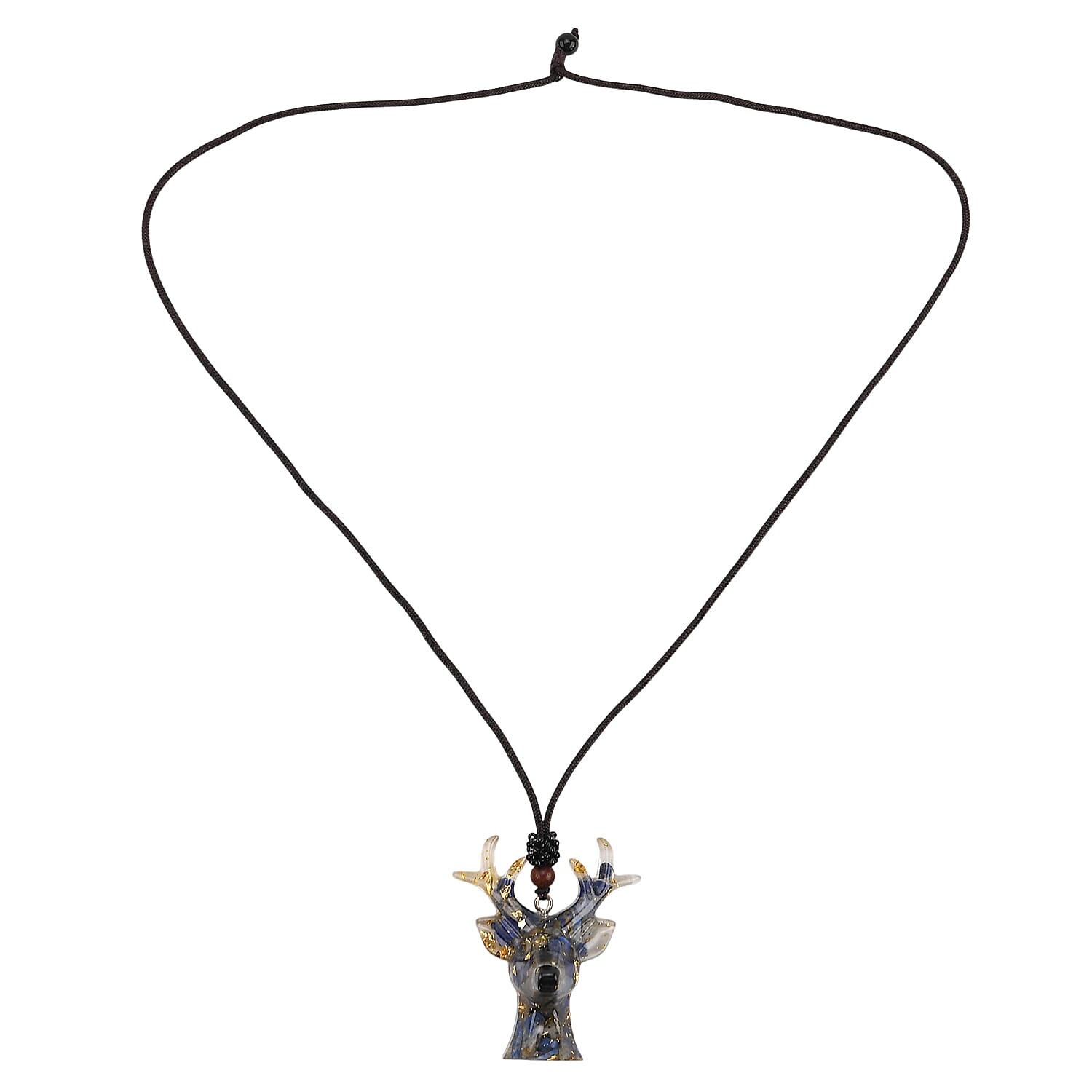 Set Of 2 - Lapis Lazuli Crystals & Resin Reindeer Christmas Decor & Amber Deer Head Necklace (Size 28 Adjustable) - Blue