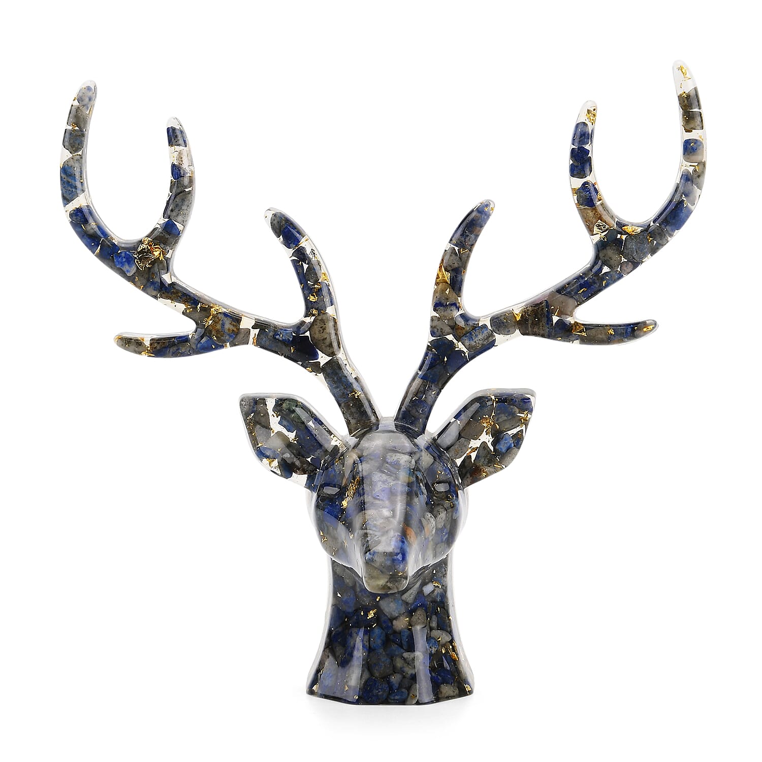 Set Of 2 - Lapis Lazuli Crystals & Resin Reindeer Christmas Decor & Amber Deer Head Necklace (Size 28 Adjustable) - Blue