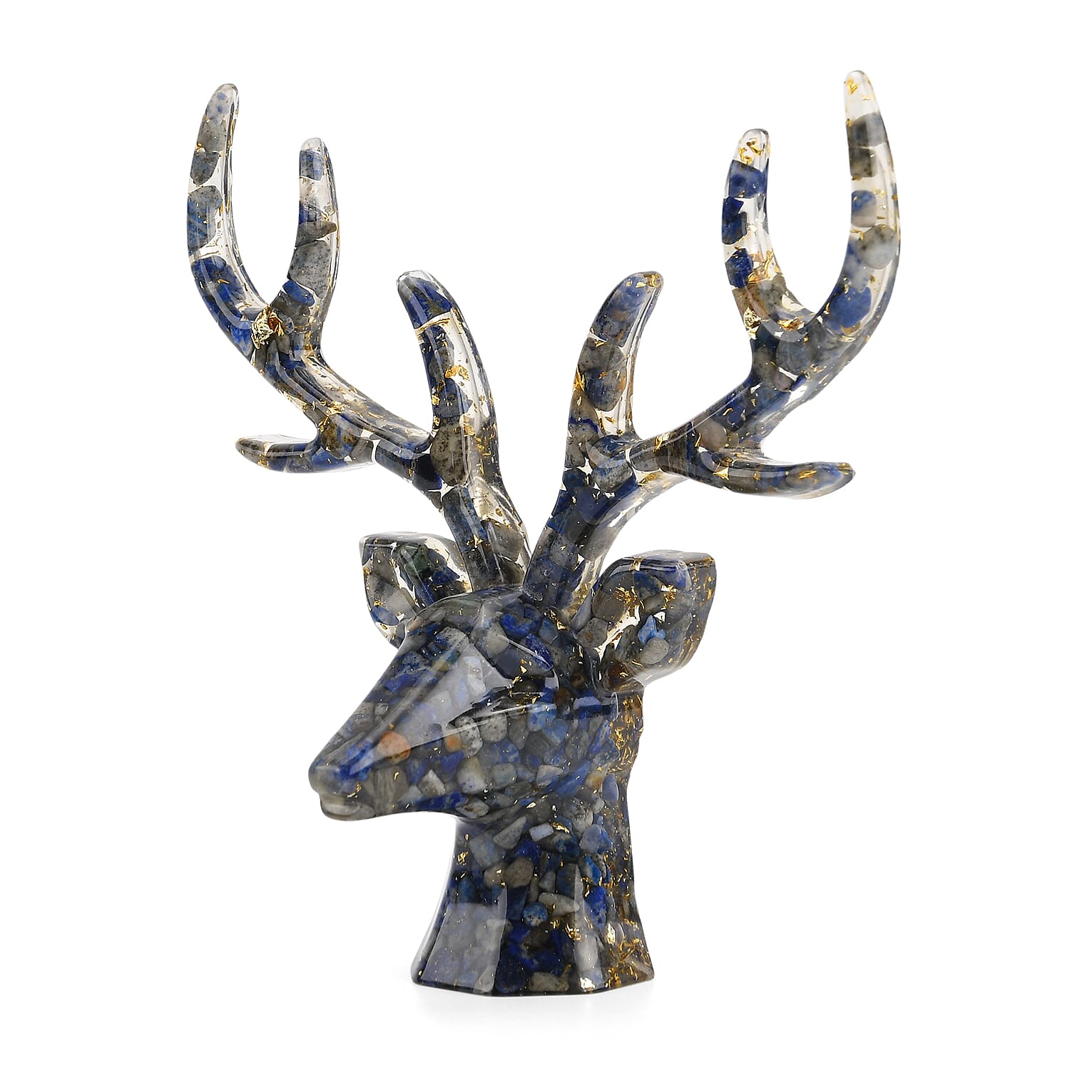 Set Of 2 - Lapis Lazuli Crystals & Resin Reindeer Christmas Decor & Amber Deer Head Necklace (Size 28 Adjustable) - Blue