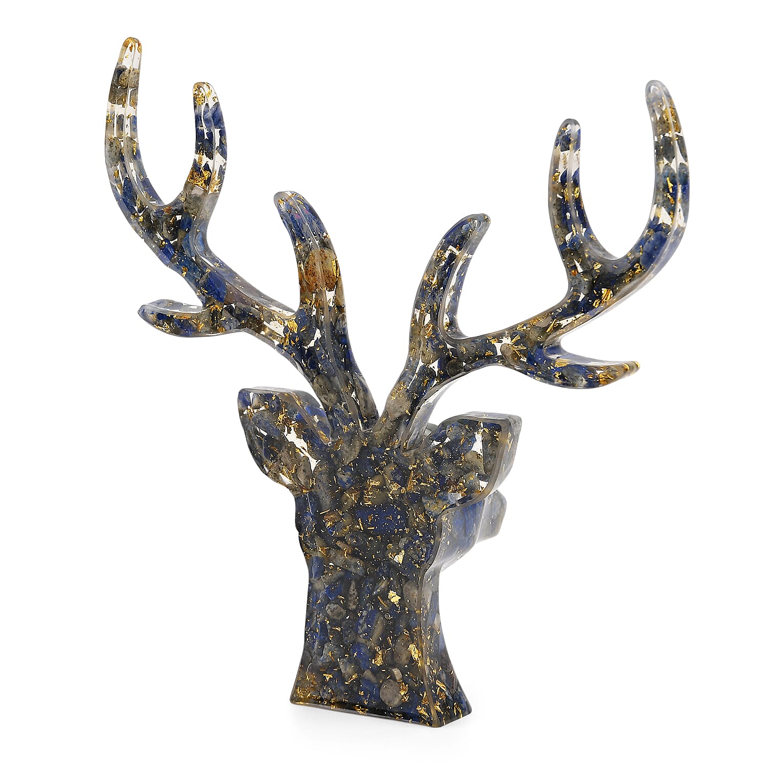 Set Of 2 - Lapis Lazuli Crystals & Resin Reindeer Christmas Decor & Amber Deer Head Necklace (Size 28 Adjustable) - Blue