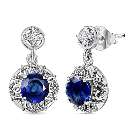 Natural Kashmir Kyanite & White Zircon Solitaire Stud Push Post Earring in Platinum Overlay Sterling Silver 2.16 Ct.