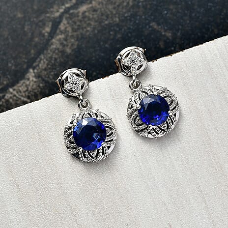 Natural Kashmir Kyanite & White Zircon Solitaire Stud Push Post Earring in Platinum Overlay Sterling Silver 2.16 Ct.