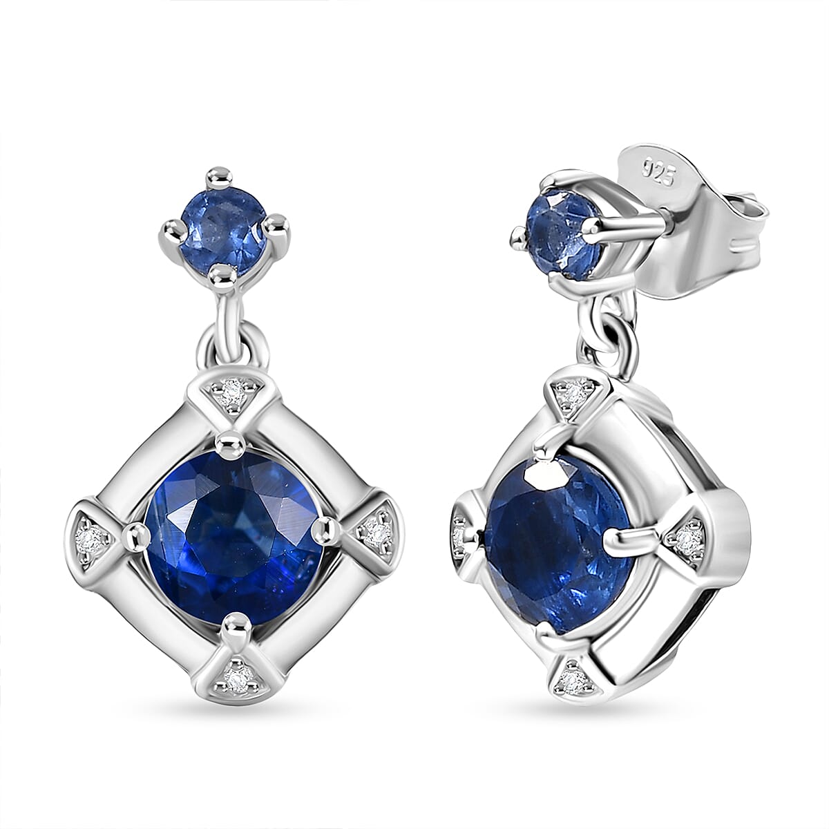 Natural Kashmir Kyanite & Zircon Solitaire Stud Push Post Earring in Platinum Overlay Sterling Silver 2.49 Ct.