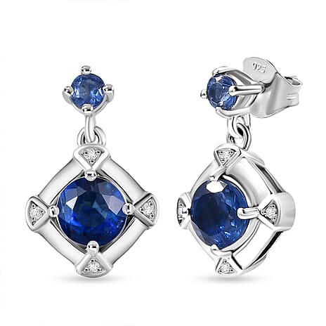 Natural Kashmir Kyanite & Zircon Solitaire Stud Push Post Earring in Platinum Overlay Sterling Silver 2.49 Ct.