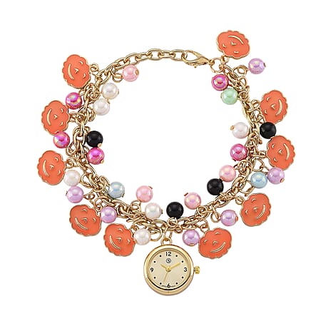 STRADA PC21S Japan Movement Water Resistant Gold Dial Watch with Orange Enamel Pumpkin Charm Chain Strap