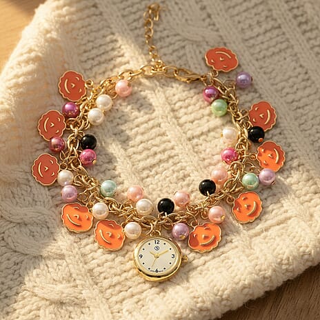 STRADA PC21S Japan Movement Water Resistant Gold Dial Watch with Orange Enamel Pumpkin Charm Chain Strap