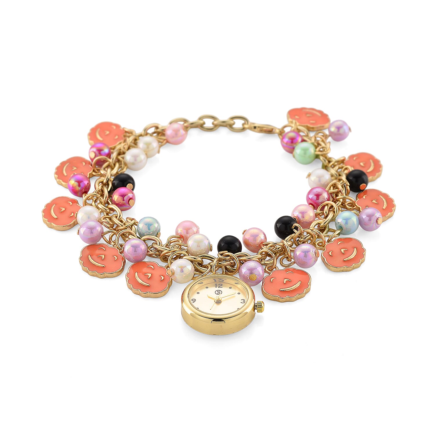 STRADA PC21S Japan Movement Water Resistant Gold Dial Watch with Orange Enamel Pumpkin Charm Chain Strap