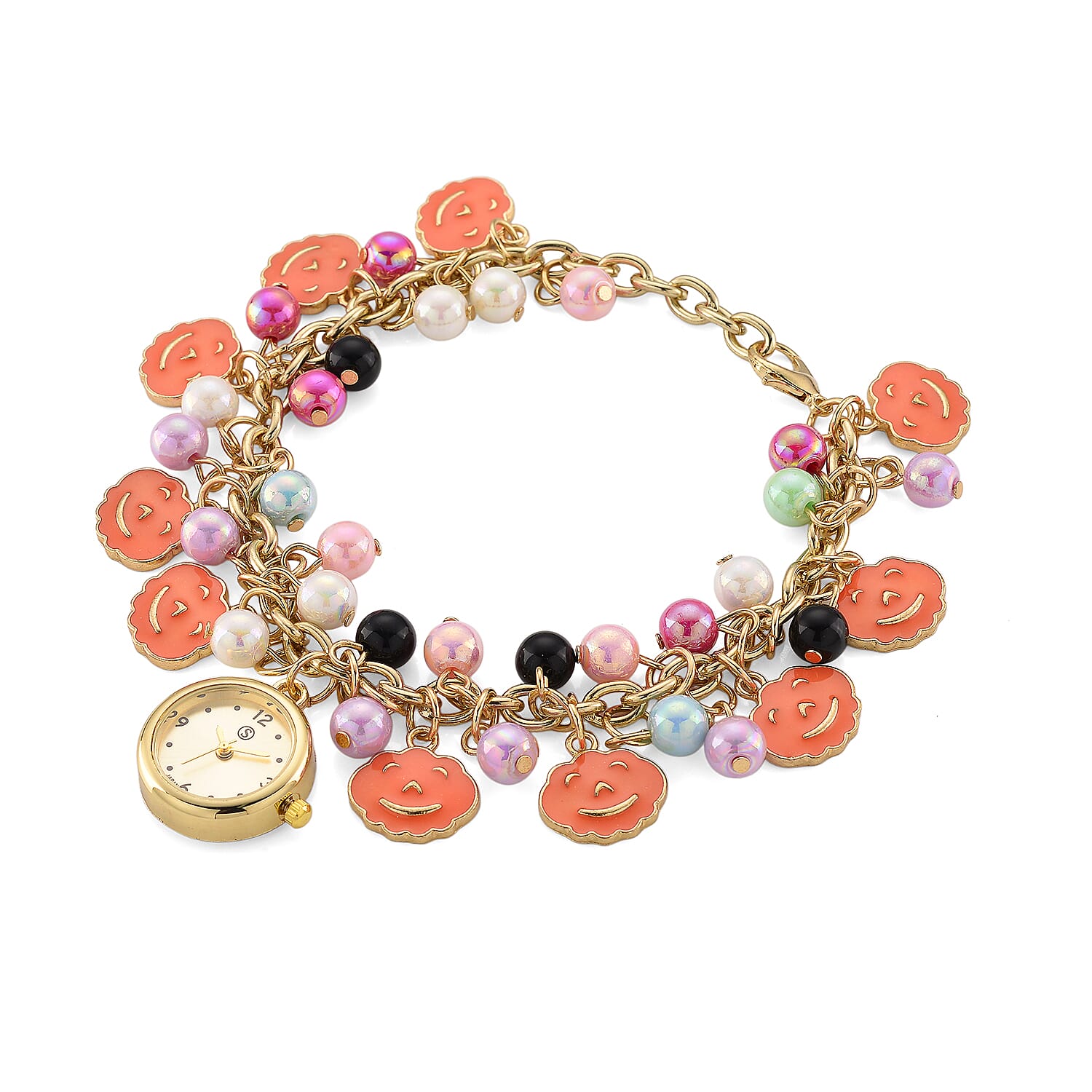 STRADA PC21S Japan Movement Water Resistant Gold Dial Watch with Orange Enamel Pumpkin Charm Chain Strap