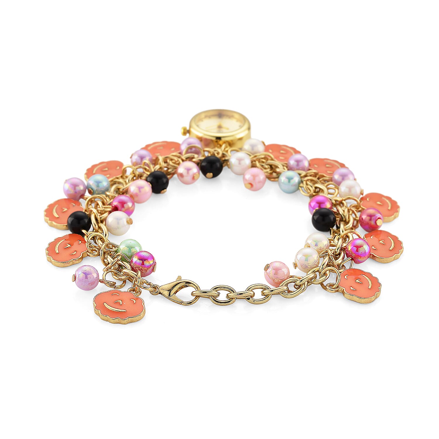 STRADA PC21S Japan Movement Water Resistant Gold Dial Watch with Orange Enamel Pumpkin Charm Chain Strap