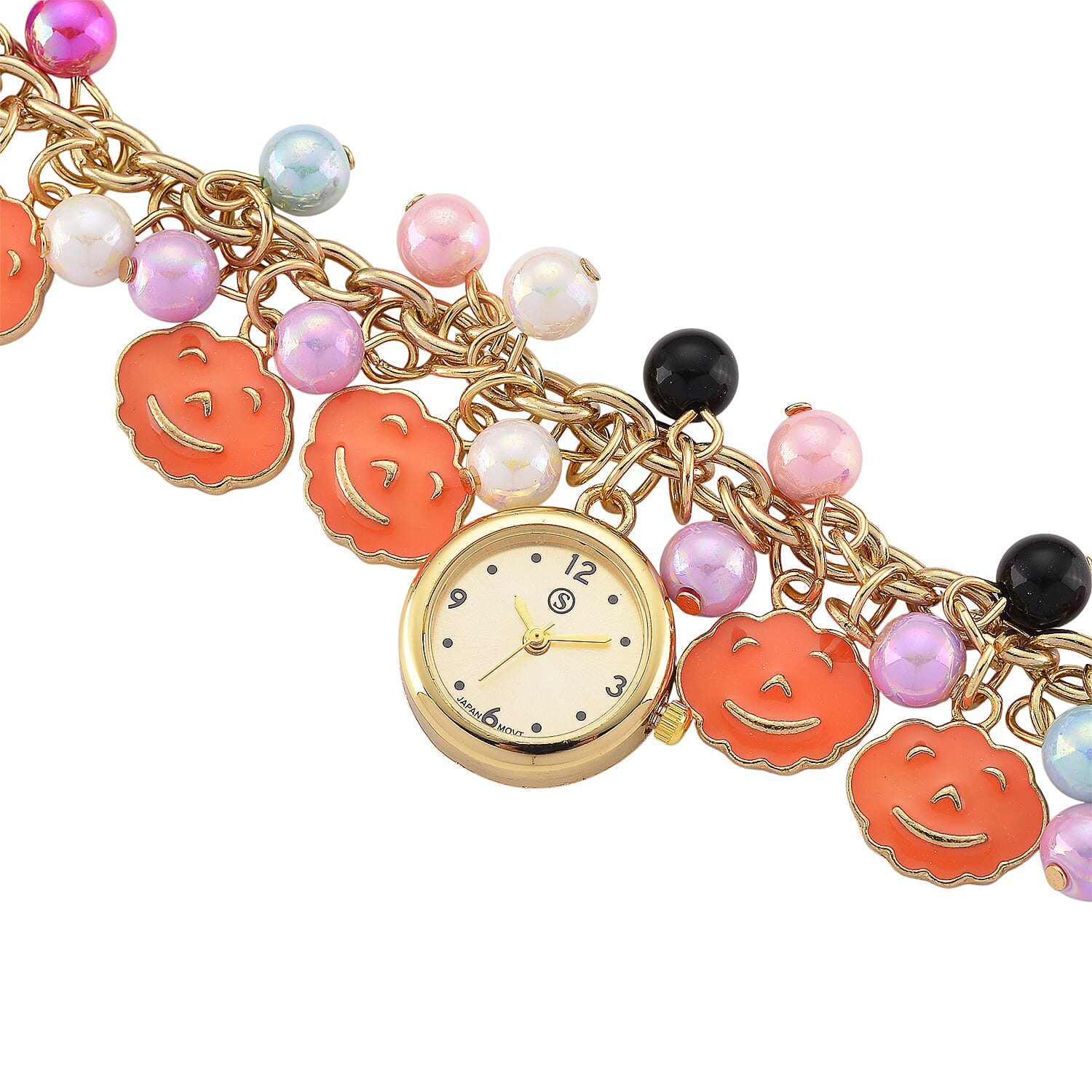 STRADA PC21S Japan Movement Water Resistant Gold Dial Watch with Orange Enamel Pumpkin Charm Chain Strap