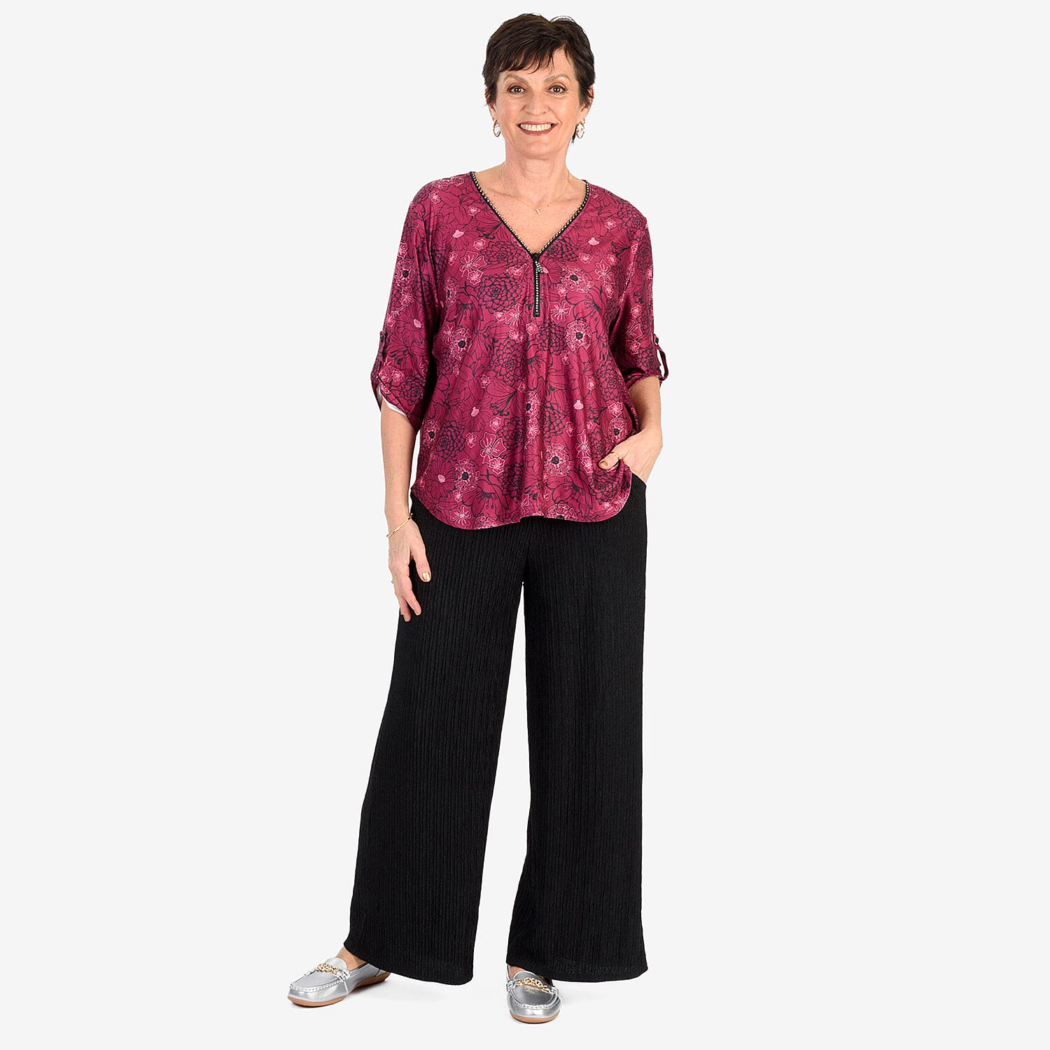 & Maisi Soft Touch Printed Diamontee Zip Blouse 