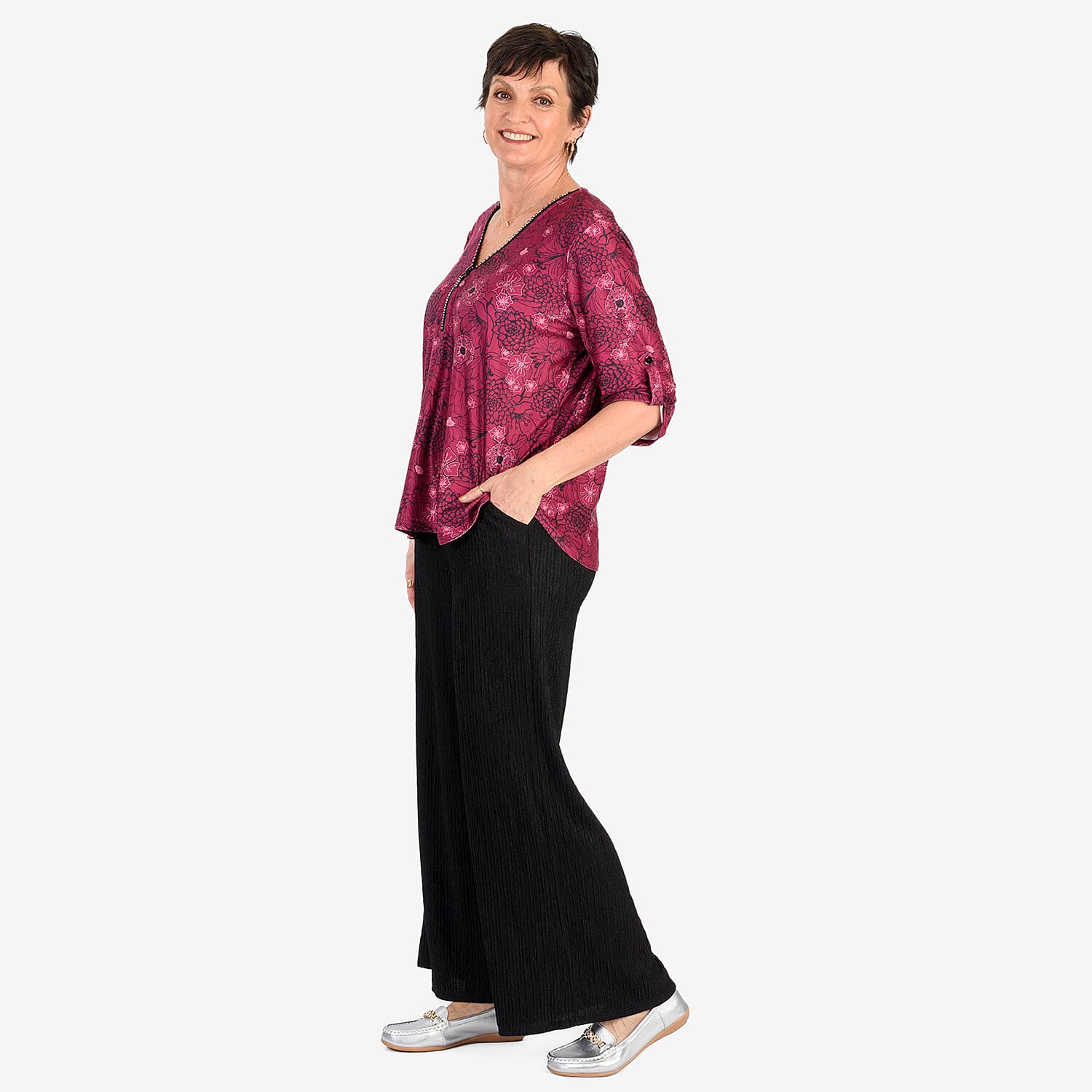 & Maisi Soft Touch Printed Diamontee Zip Blouse 