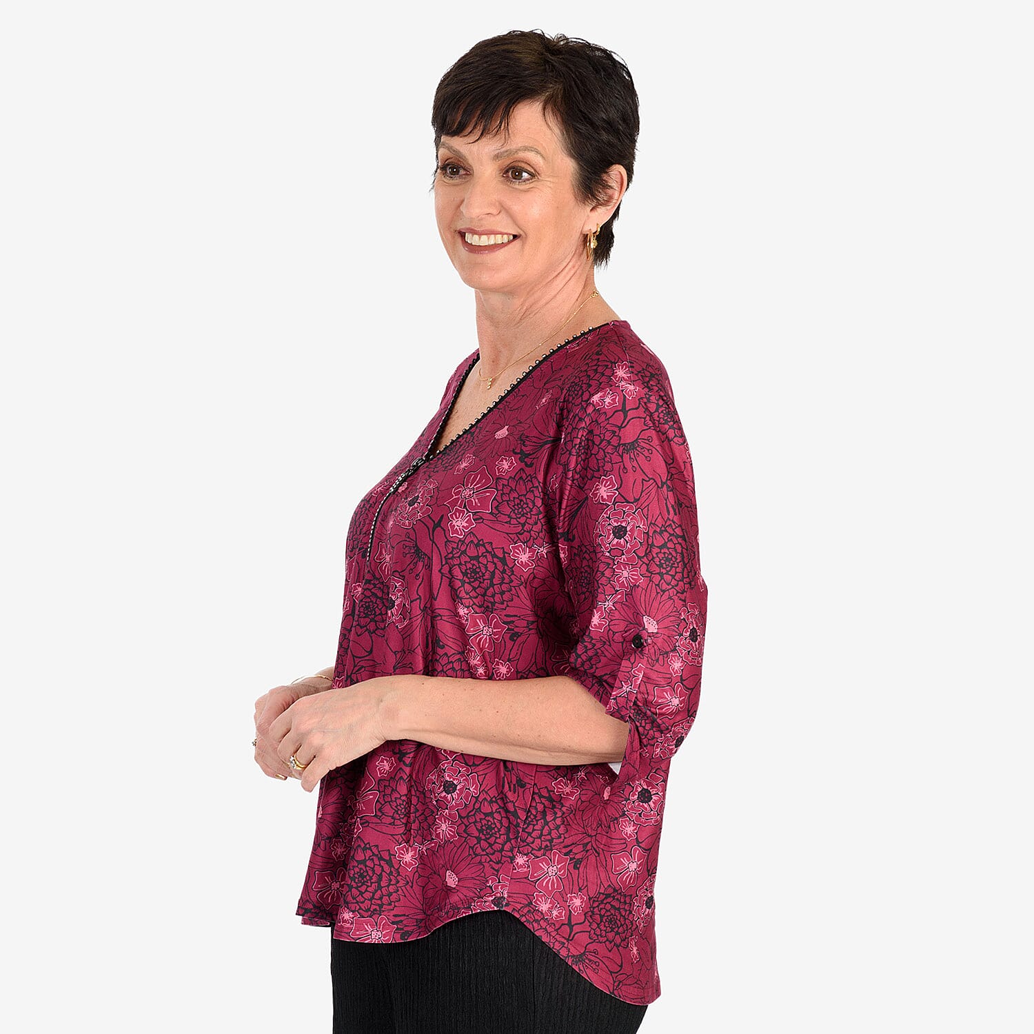 & Maisi Soft Touch Printed Diamontee Zip Blouse 