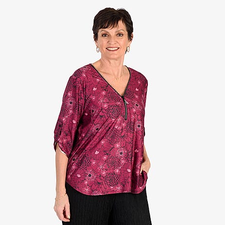 - Maisi Soft Touch Printed Diamontee Zip Blouse (Size XL) - RED
