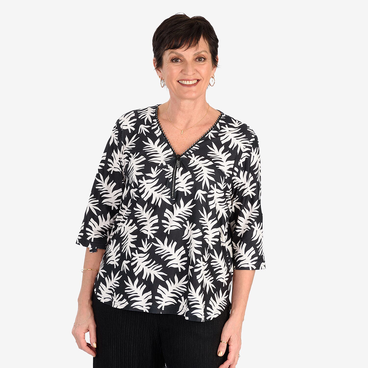 & Maisi Soft Touch Printed Diamontee Zip Blouse 