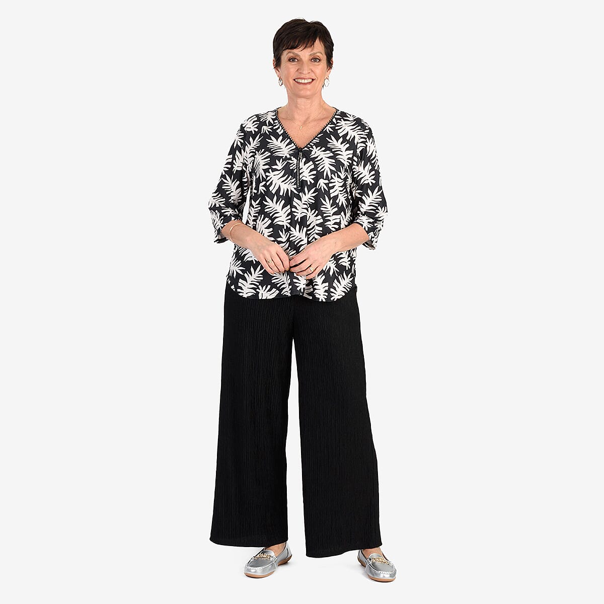 & Maisi Soft Touch Printed Diamontee Zip Blouse 