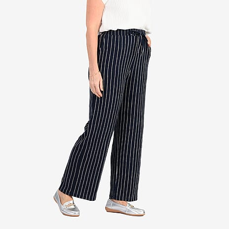 - Maisi Stripe Wide Leg Trousers With Drawstring Waist (Size XL) - Navy