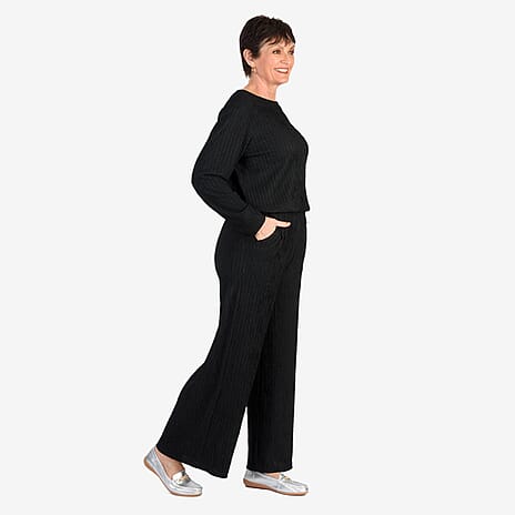 -Maisi Textured Wide Leg Trousers (Size M) - Black